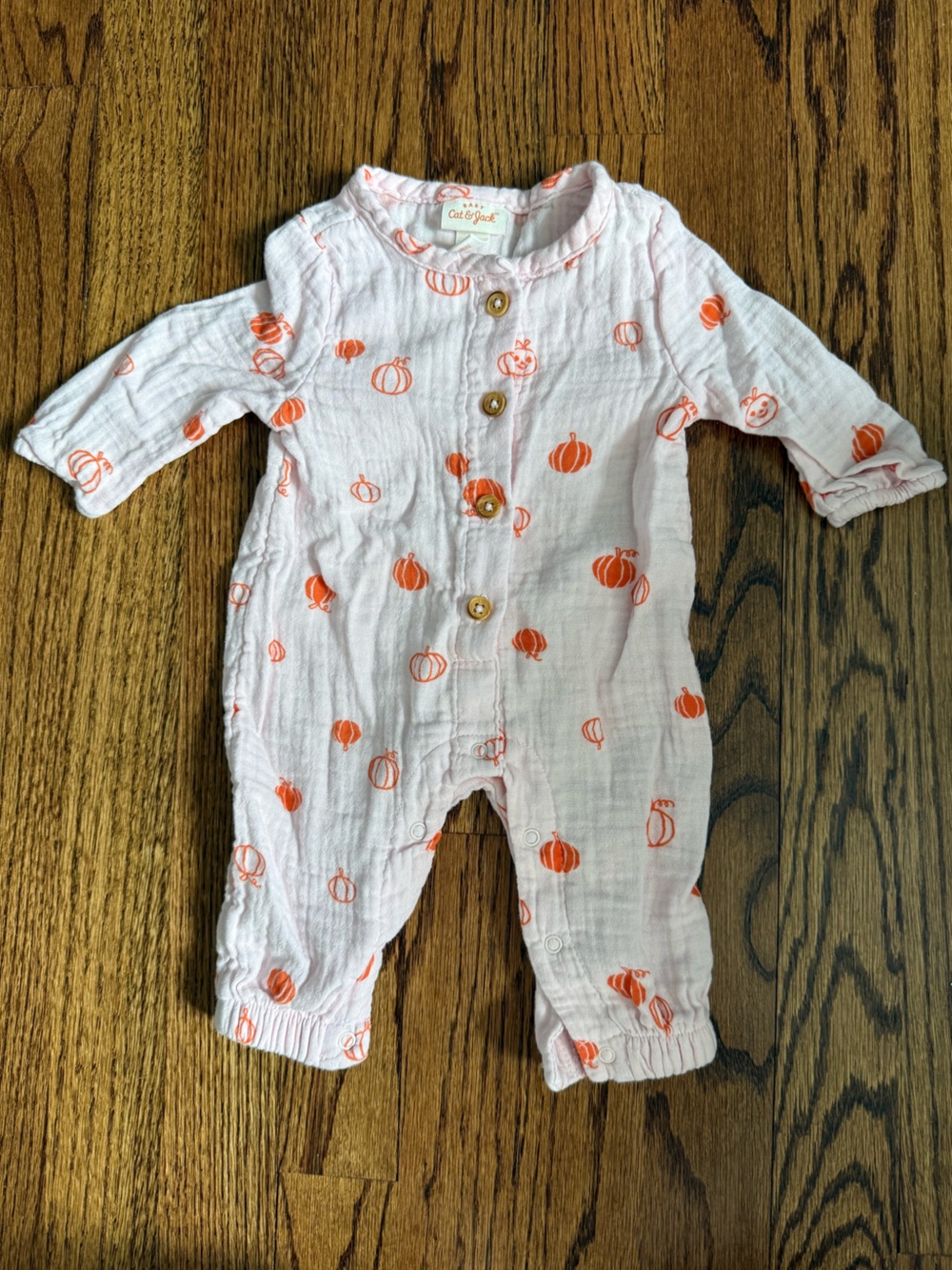 Cat & Jack Halloween Light Pink Muslin One-Piece with Orange Pumpkin Print